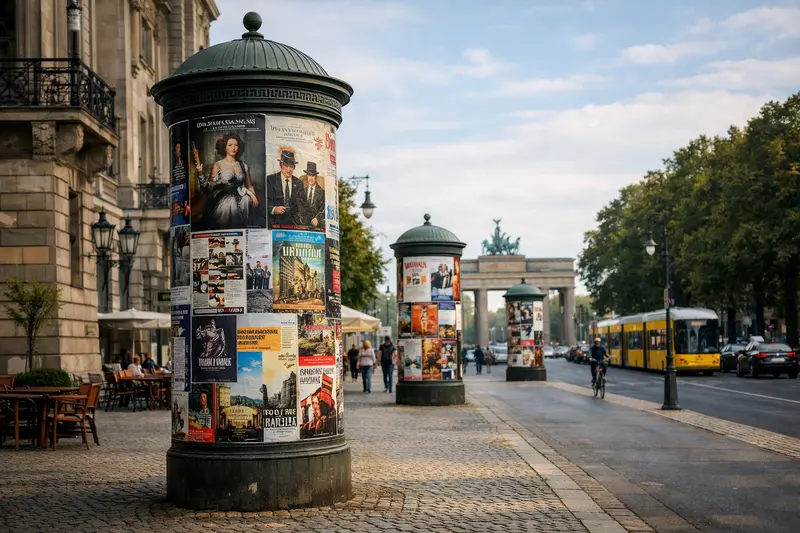 Рекламні тумби Літфаса в Берліні — круглі афішні колони Litfaßsäule, що стали символом міського простору та культури афіш