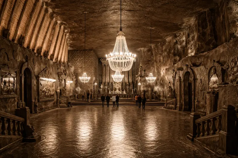 Підземна зала соляної шахти у Величці з різьбленням у солі та люстрами з соляних кристалів