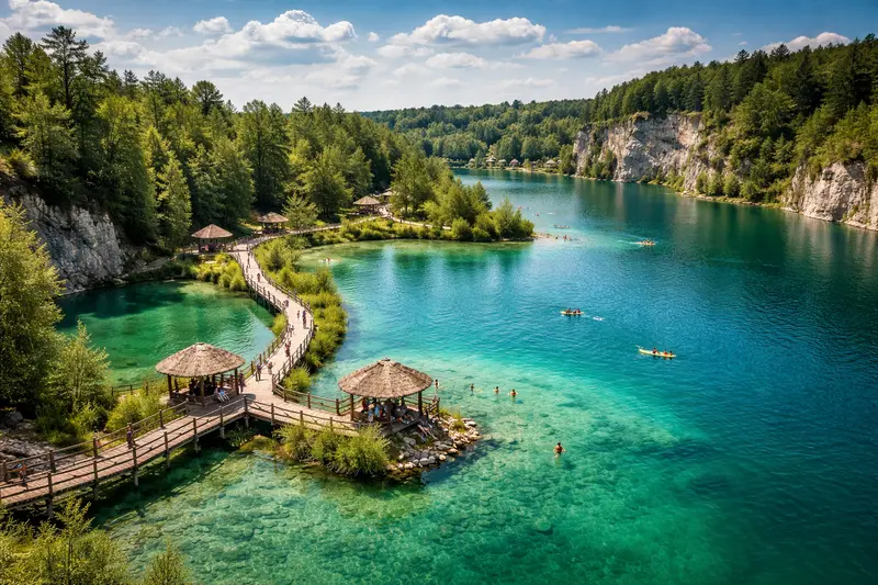 Бірюзове озеро та дерев’яні містки в Park Gródek (Jezioro Turkusowe), відоме як «польські Мальдіви»