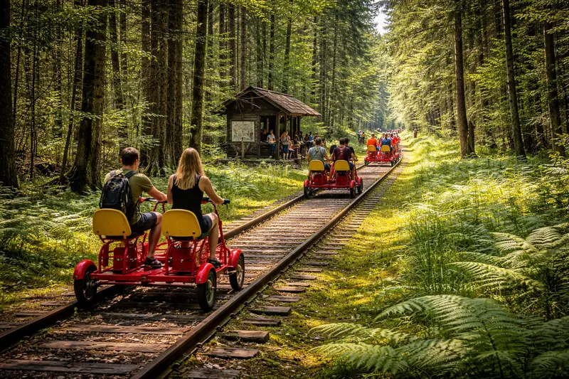 Велодрезини на лісовій залізничній колії в Біловезькій пущі серед високих дерев і зелені