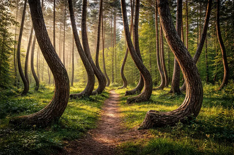 Krzywy Las біля Nowe Czarnowo: сосни з вигнутими стовбурами та стежка в ранковому світлі