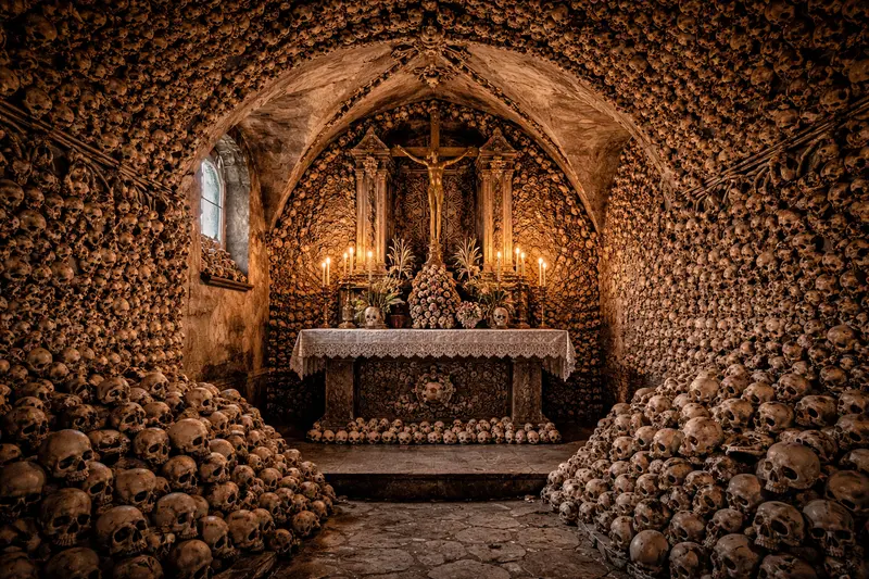 Інтер’єр Kaplica Czaszek у Czermna: стіни та склепіння, вкриті черепами й кістками, з вівтарем у центрі